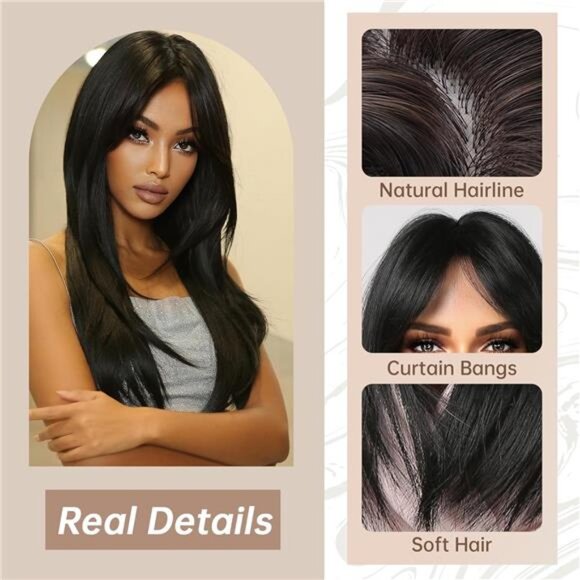 Long Black Wig with Bangs Straight Layered Wig for Women Natural Looking - Picture 3 of 7